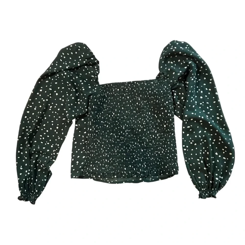 Abercrombie & Fitch Women's‎ Green Polka Dot Blouse Smocked Puff Sleeve Top S